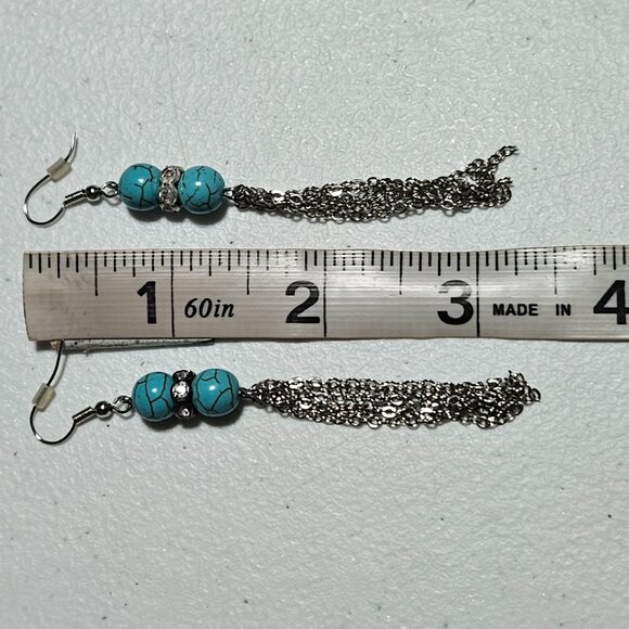 Turquoise Beaded Silver Tone Chain Dangle Earrings Southwest Boho Fashion Women - Picture 4 of 4